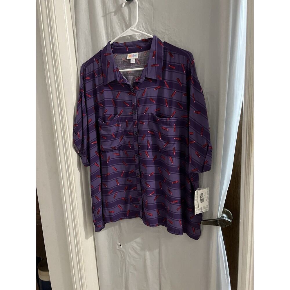 Lularoe Purple Red Lipstick Print Amy Button Up Shirt Sz L Oversized Boxy